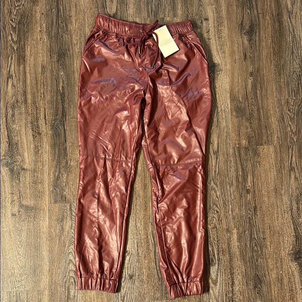 Red Faux leather pants with Elastic Waistband and Gathered Cuffs